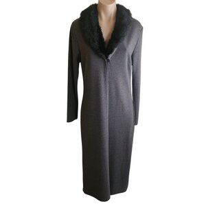 Vintage Long Cardigan Sweater Duster Coat Faux Fur Collar Long Sleeve Size Med